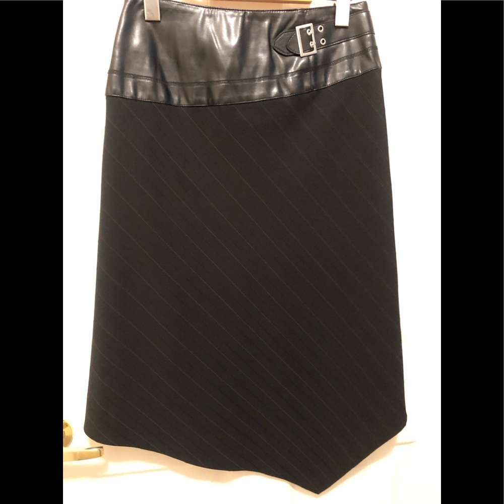 Black Asymmetric Hemline Skirt Faux Leather Waistband Red & Black Pinstripe